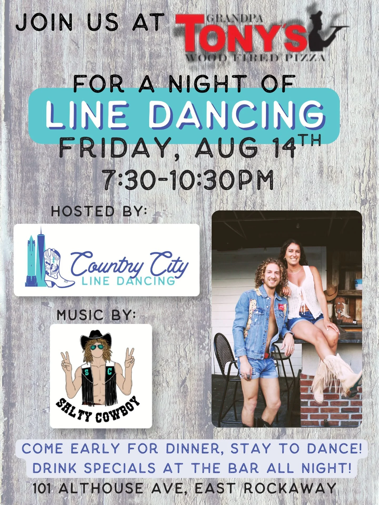 Start your weekend right! Open Line Dancing this Friday at @grandpatonyspizza with Jenn and @saltycowboyny

📆 Friday August 14
📍 @grandpatonyspizza East Rockaway 
🕰️7:30-10:30
