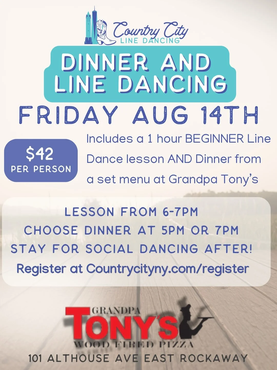 Your Friday night plans are set! On Aug 14th join Jenn from @countrycitylinedancing line dancing and dinner! 

Included is a beginner line dance lesson plus dinner from a set menu at @grandpatonyspizza 

Lesson from 6-7pm
Choose to book dinner at 5 o