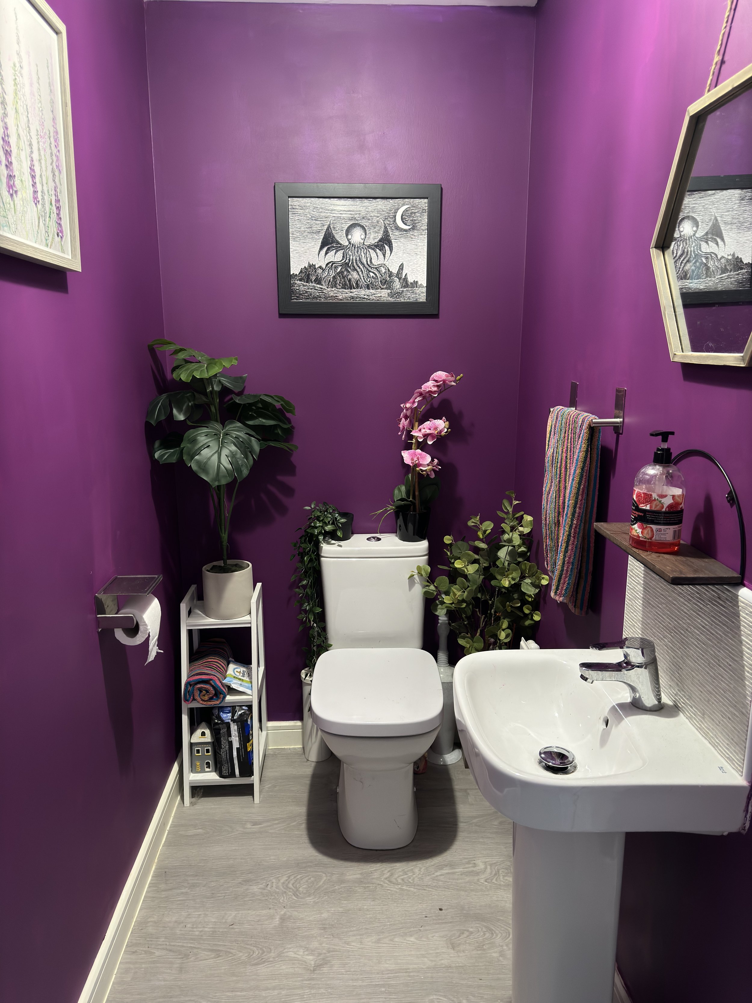 Colourful and eclectic restroom featuring a gallery wall and faux plants
