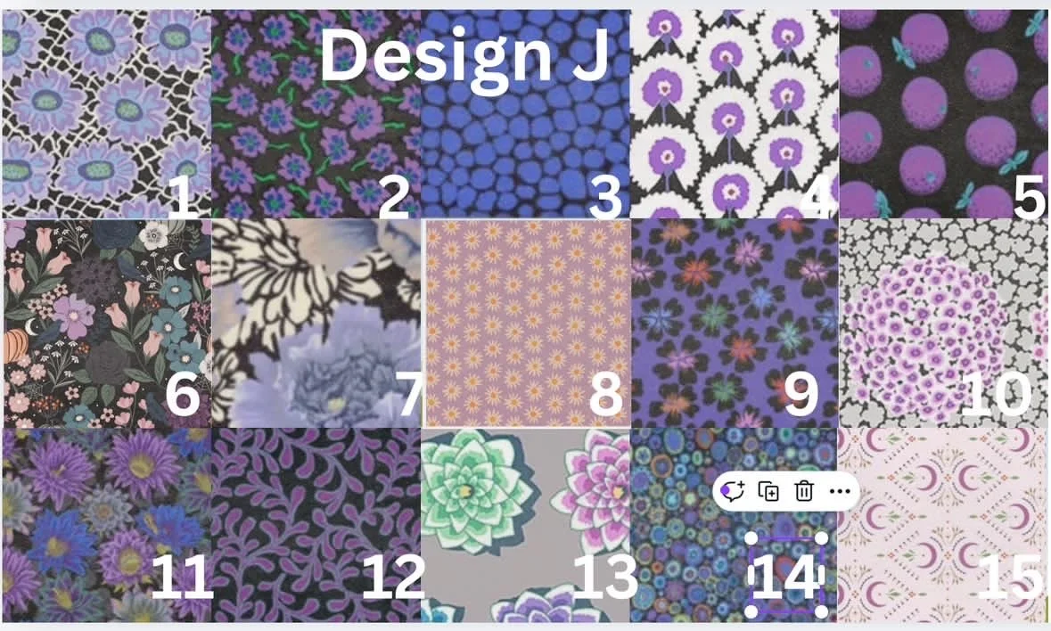 A detailed fabric mood board labeled "Design J" showing fifteen numbered swatches of purple, blue, and green floral and geometric fabrics.