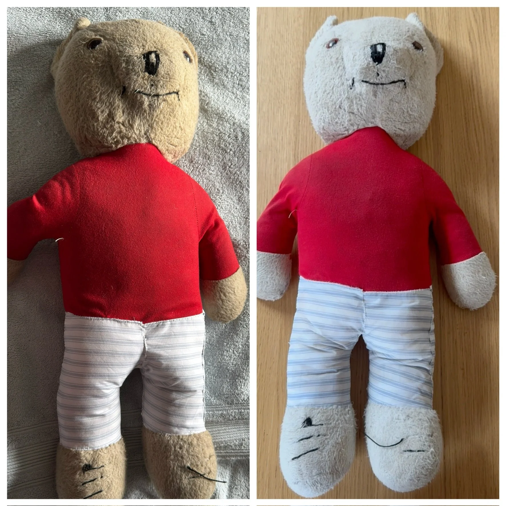 A side-by-side comparison of the vintage Rupert the Bear toy. On the left, the bear appears darker and slightly dingy before his cleaning; on the right, the bear's fur is significantly brighter and cleaner after a gentle wash.