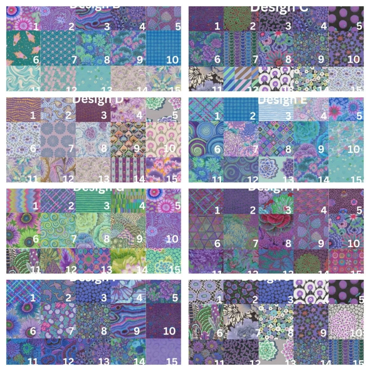 A collage of eight different fabric mood boards labeled Design B through Design I, featuring grids of numbered purple, blue, and green fabric swatches.