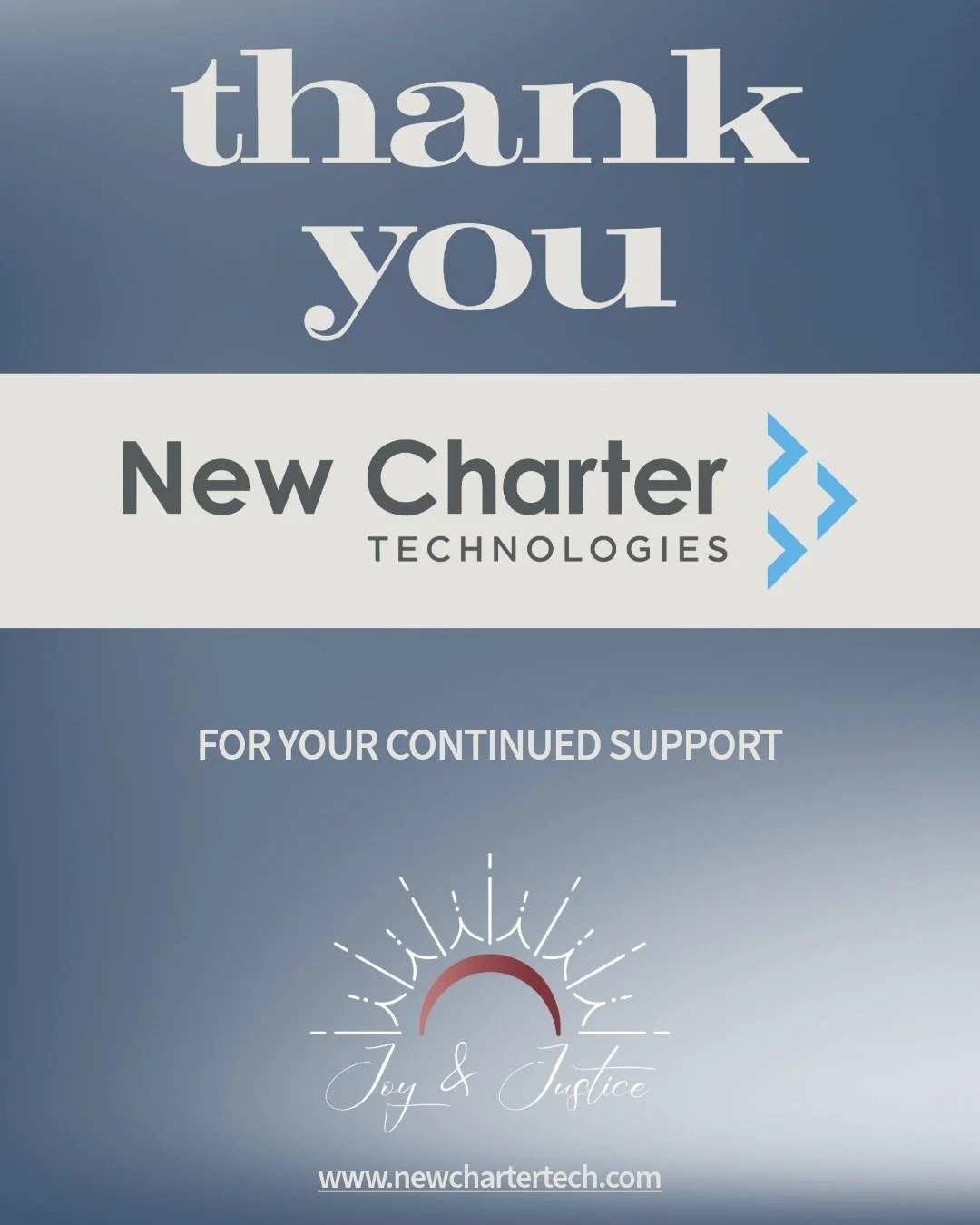 We are so grateful to New Charter Technologies for continuing their sponsorship of Joy &amp; Justice in 2026! 

We truly couldn&rsquo;t do this work without partners like you. Thank you for standing with our families and investing in healing for brig
