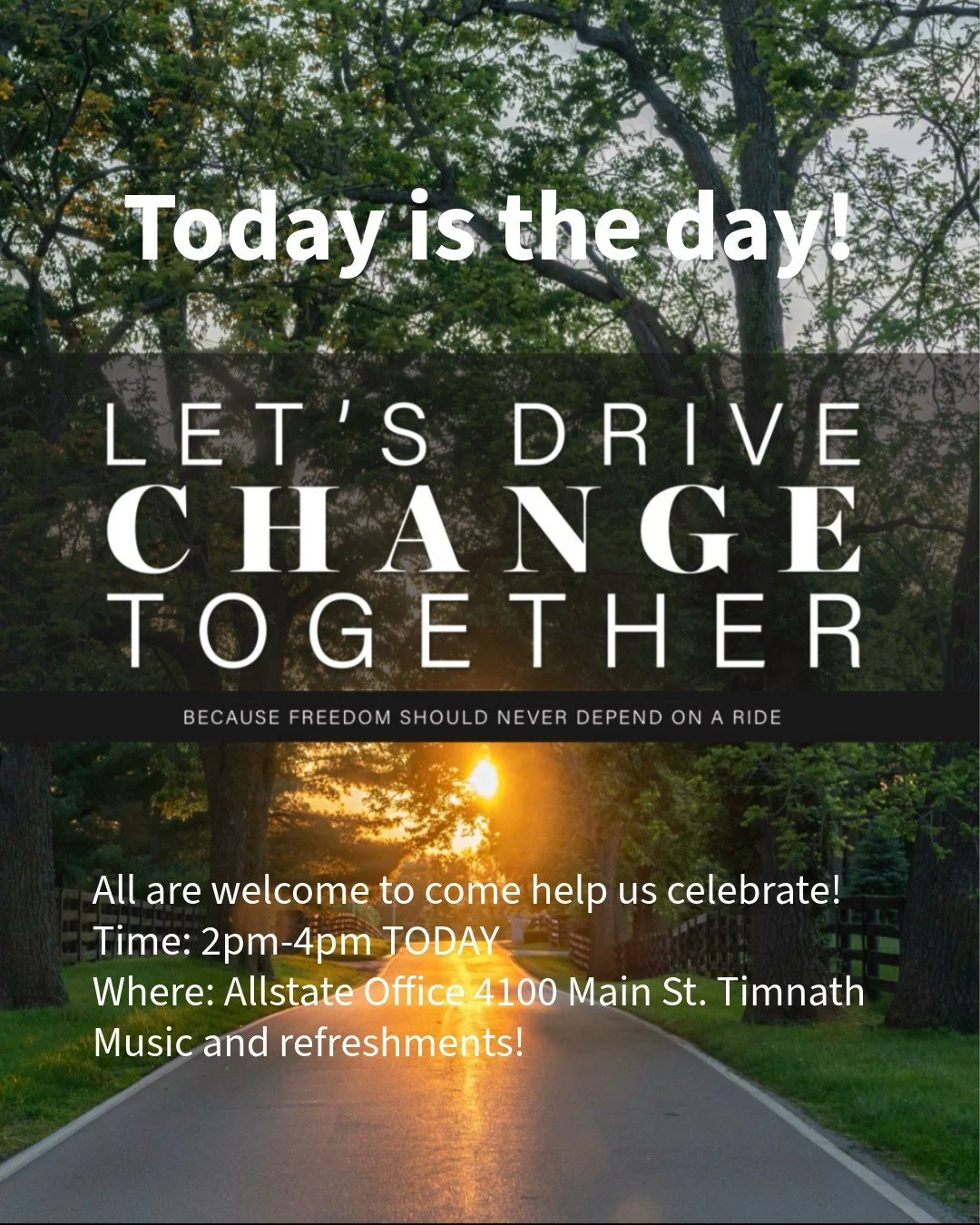 Join us today for the Let's Drive Change Together Event celebrating to the donation on a car to one of our deserving families! 

All are welcome!
When: Today, Dec. 12th from 2pm-4pm
Where: Allstate office 4100 Main St. Timnath 
What: Music, refreshme