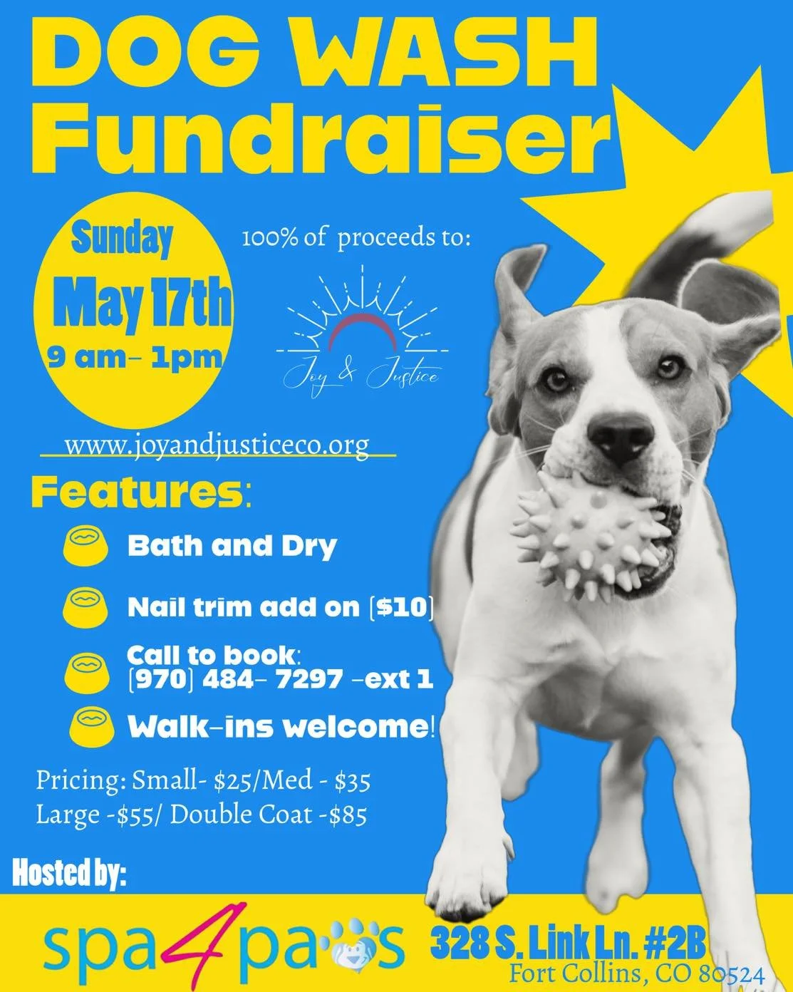 Spa 4 Paws dog wash benefitting Joy &amp; Justice is THIS SUNDAY! We hope to see you there!

We will be accepting walk-ins or call to reserve your spot!