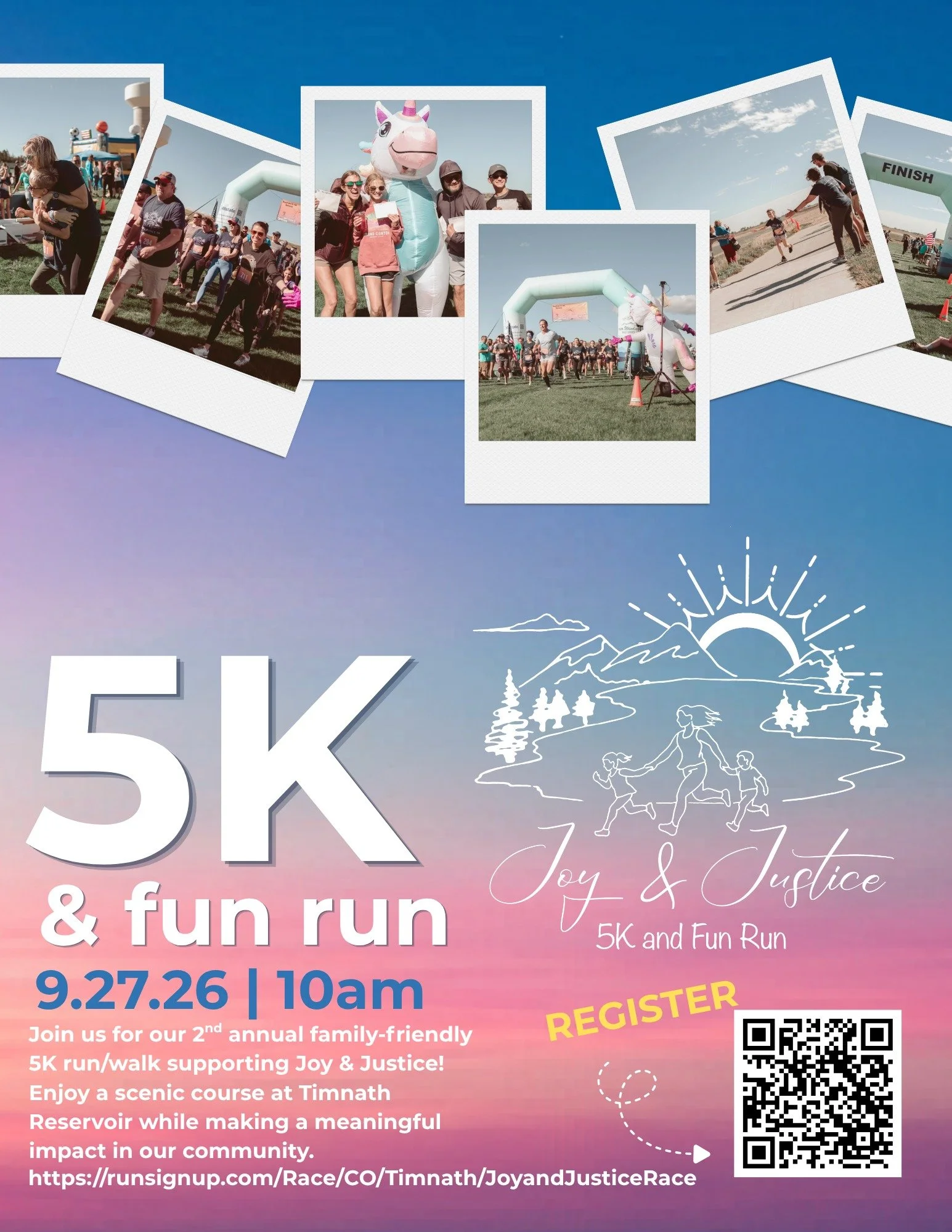 🏃&zwj;♀️ Registration is Open! 🏃&zwj;♂️

Join us for the 2nd Annual Joy &amp; Justice 5K on Saturday, September 27 at beautiful Timnath Reservoir! Whether you run, walk, or cheer from the sidelines, this family friend event is a chance to come toge