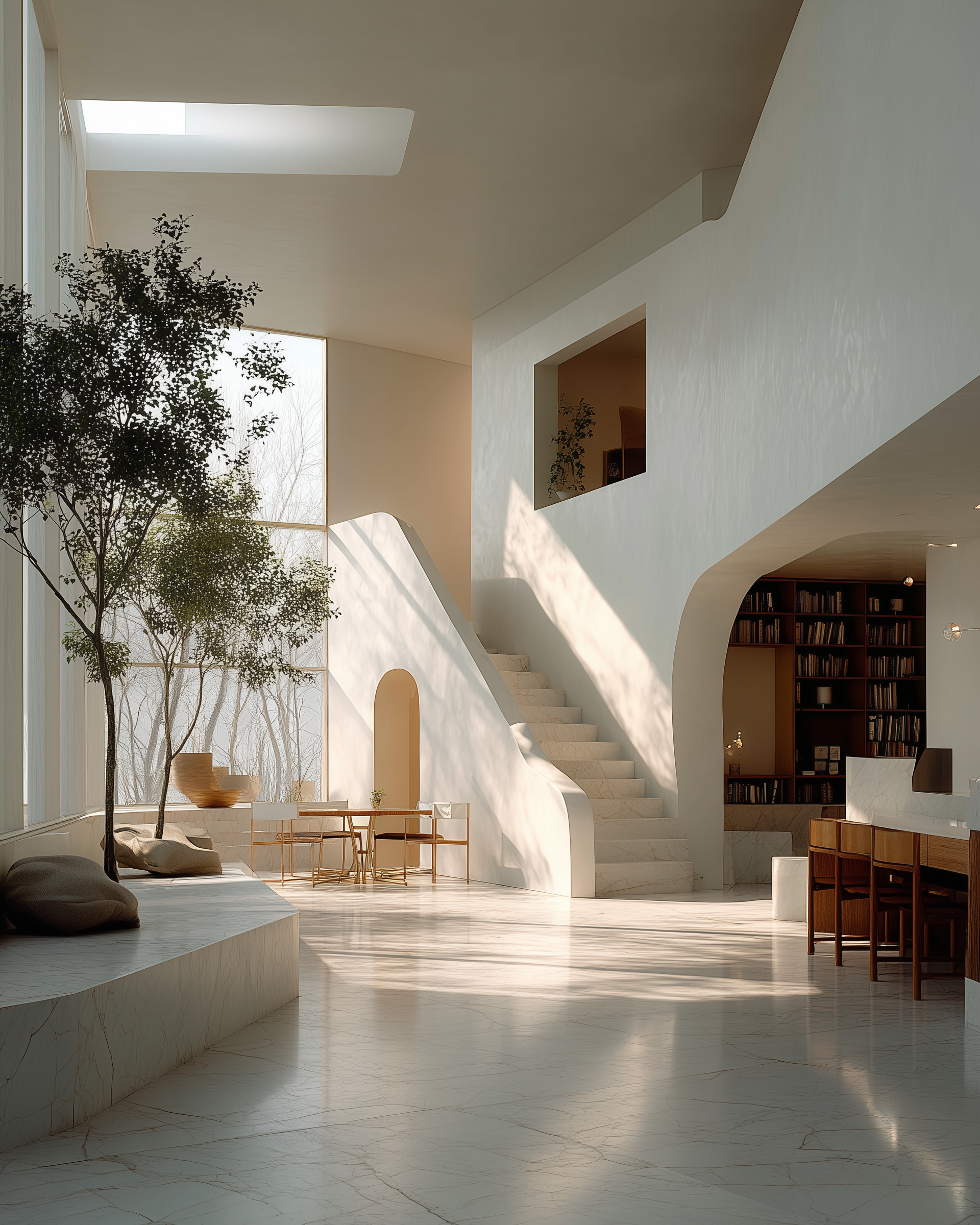 Residential interior with curved staircase, built-in bookcases, large windows and abundant natural light.