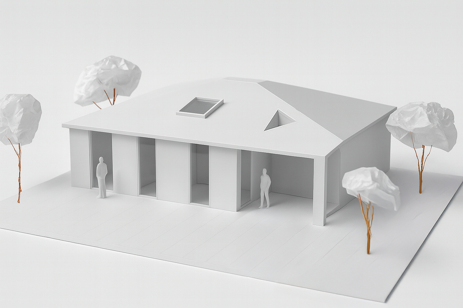 Architectural study model exploring the massing, roof forms and openings of a residential design in Woodland Hills.