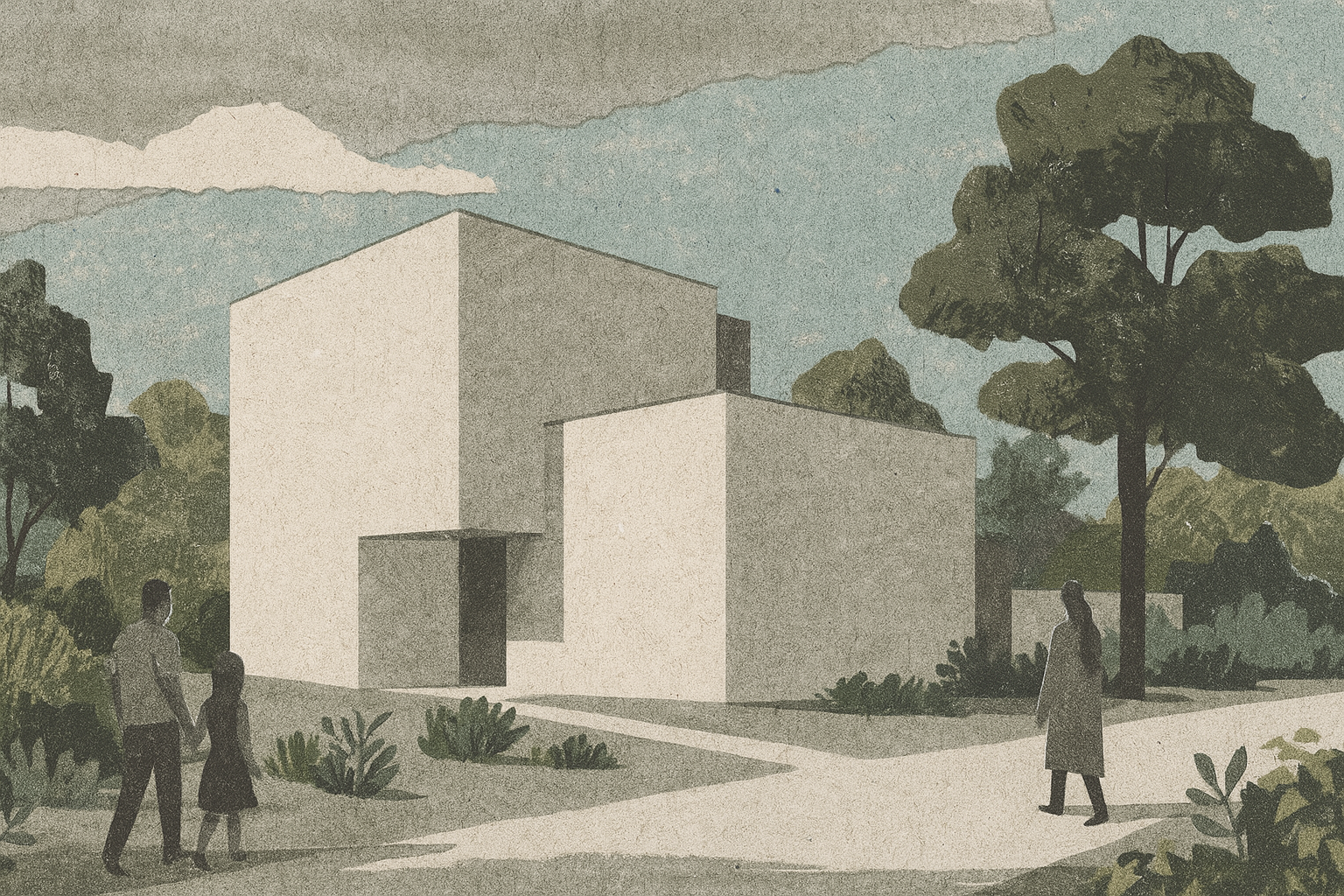 Conceptual architectural illustration of a contemporary residence integrated with mature trees and landscape.