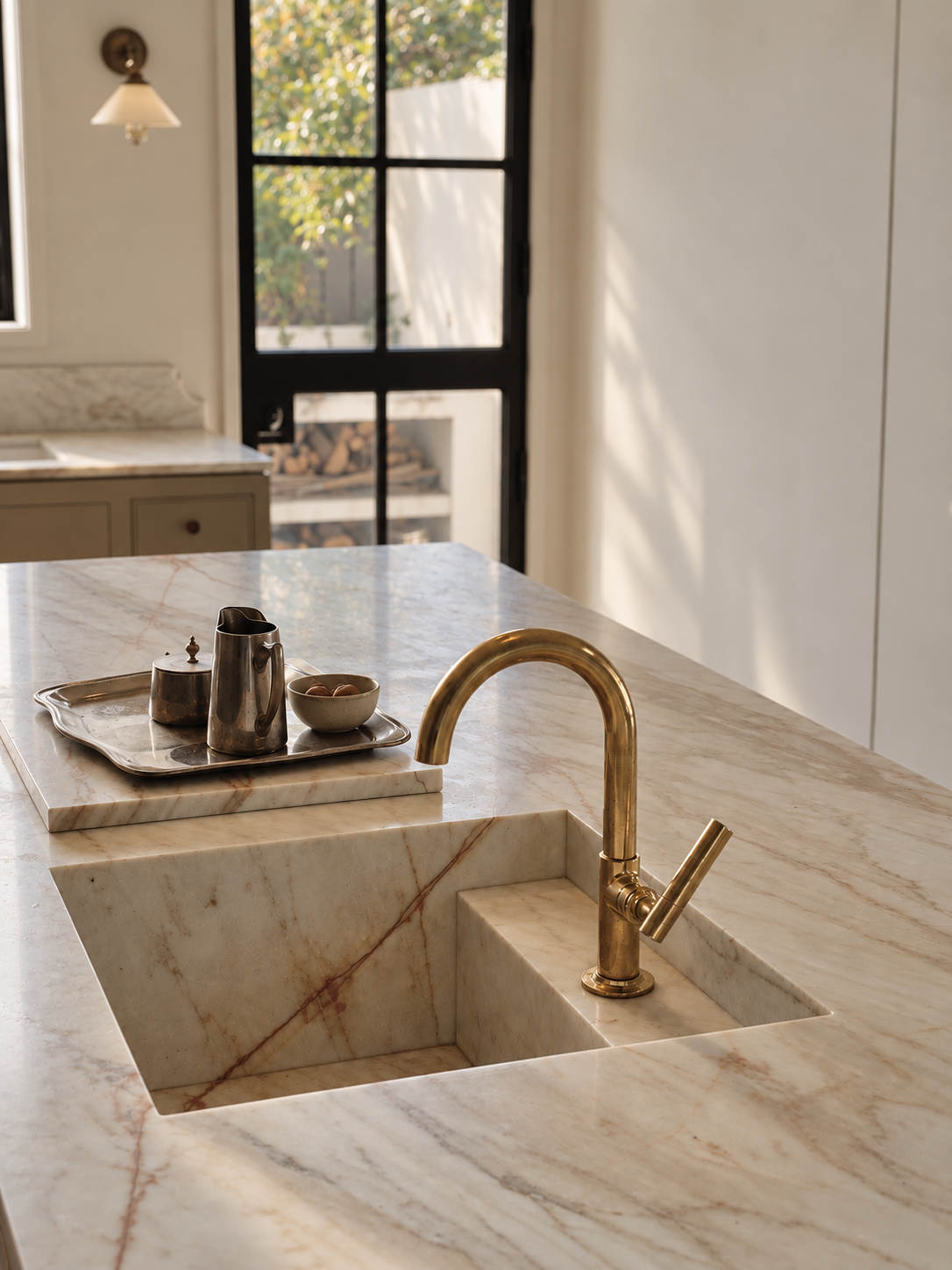 Marble kitchen countertop and integrated sink at Maison in Hollywood, with unlacquered brass faucet and custom cabinetry.
