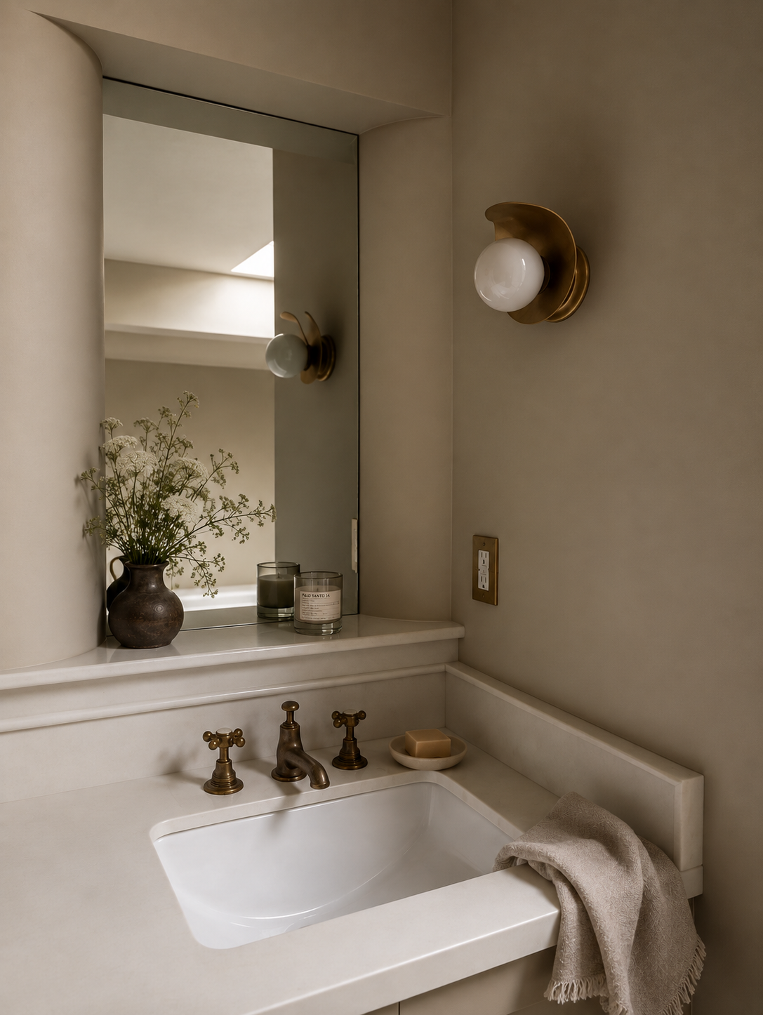 Primary bathroom vanity at Maison in Hollywood with marble sink, unlacquered brass faucet and globe wall sconce.