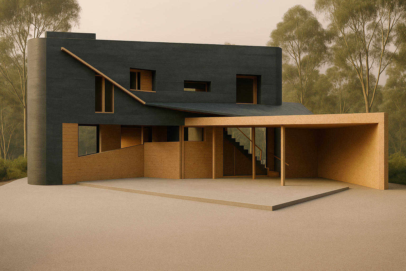 Contemporary two-story residence with dark stucco, wood cladding, large windows and an integrated covered carport.