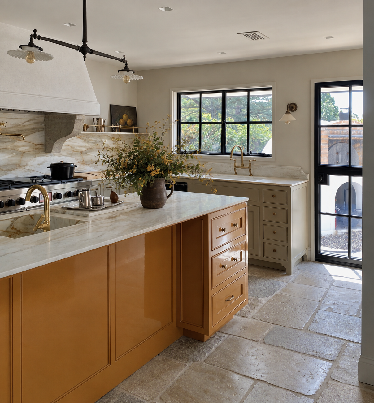 A bright kitchen with cream and orange cabinets, a marble countertop, a black window with a view of trees, and a vase of flowers on the island.