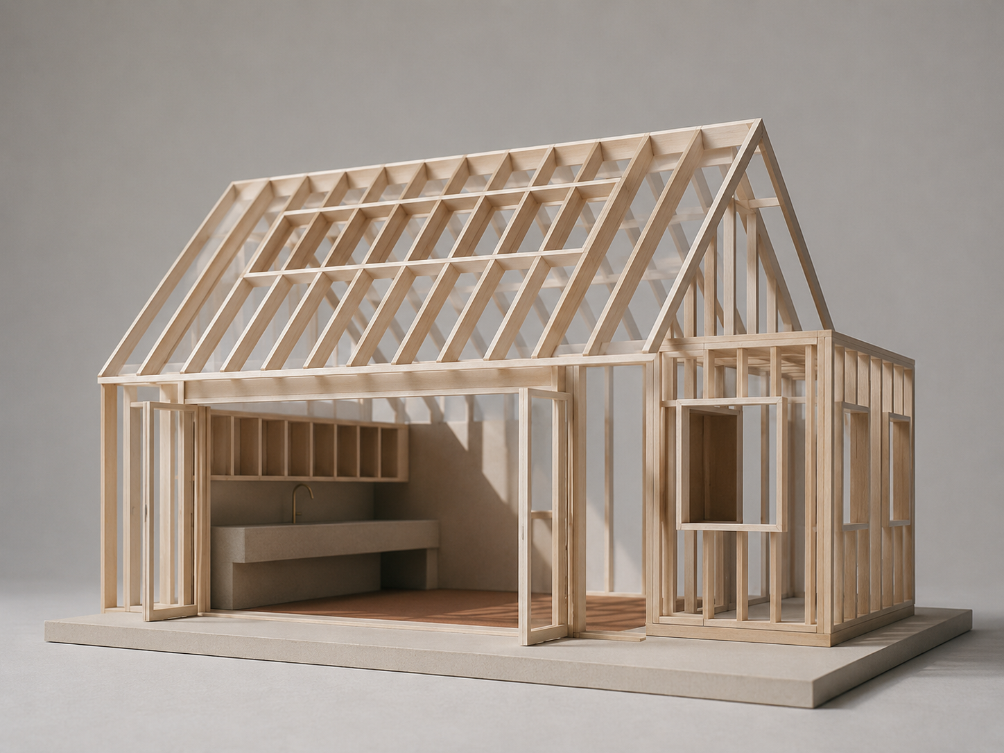Architectural study model for Piano House ADU showing the residential addition, pitched roof structure and wood framing.