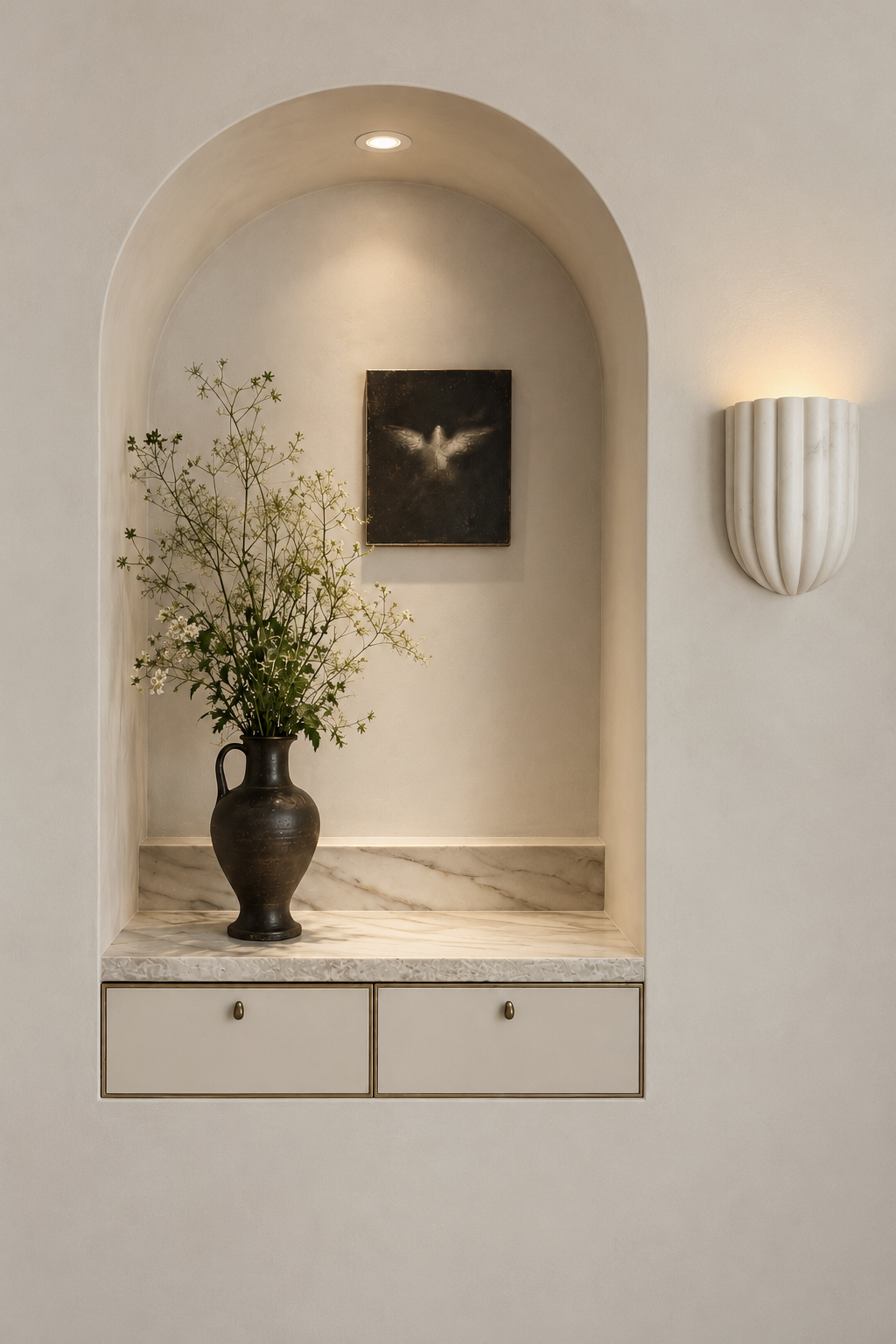 Custom wall niche at Maison in Hollywood with marble shelf, integrated sconce and floral arrangement.
