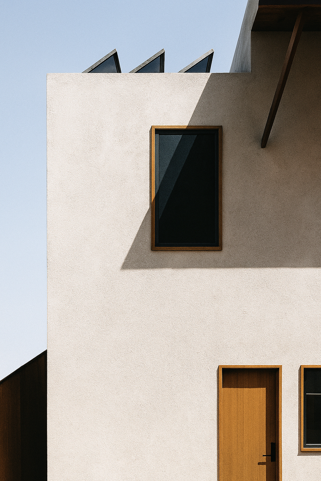 Residential exterior detail with textured stucco, deep-set window, wood entry door and articulated roofline.
