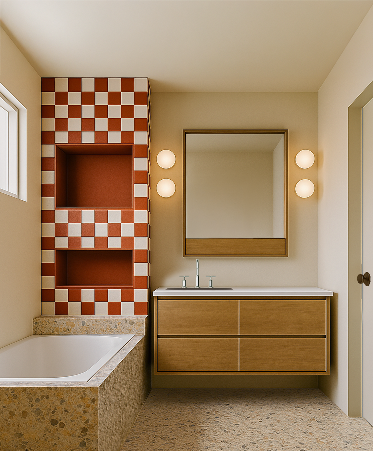 Modern mid-century bathroom with a built-in bathtub, a wooden vanity with a mirror, and a decorative red-and-white checkered tiled wall.