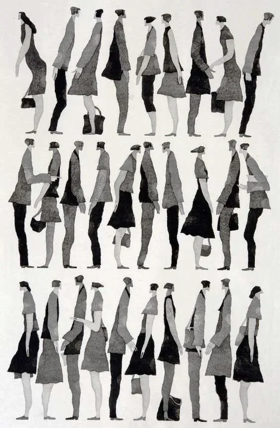 A black and white illustration of multiple stylized silhouettes of men and women standing in a row, facing different directions.