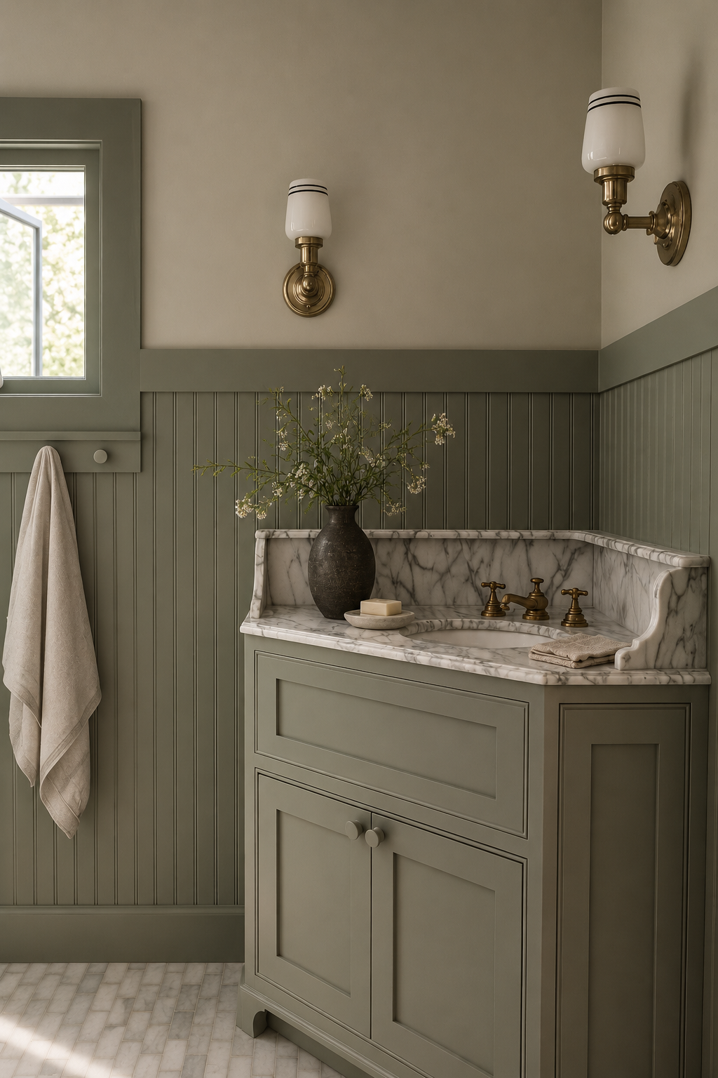 Bathroom vanity at Maison in Hollywood with painted cabinetry, marble countertop, unlacquered brass fixtures and custom millwork cabinet