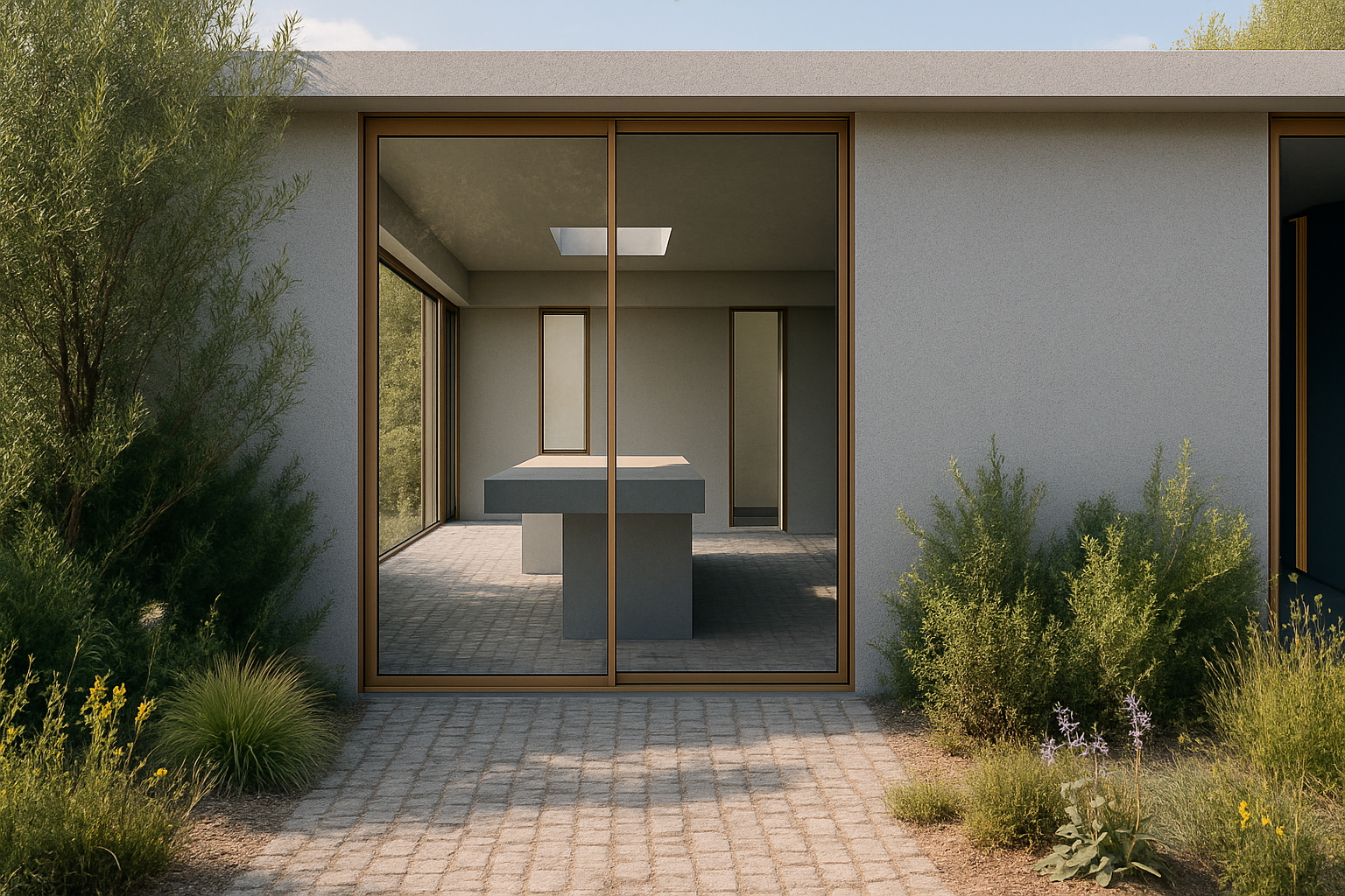 Residential addition in Woodland Hills, Los Angeles  with large sliding glass doors opening to a landscaped garden and flexible interior space.