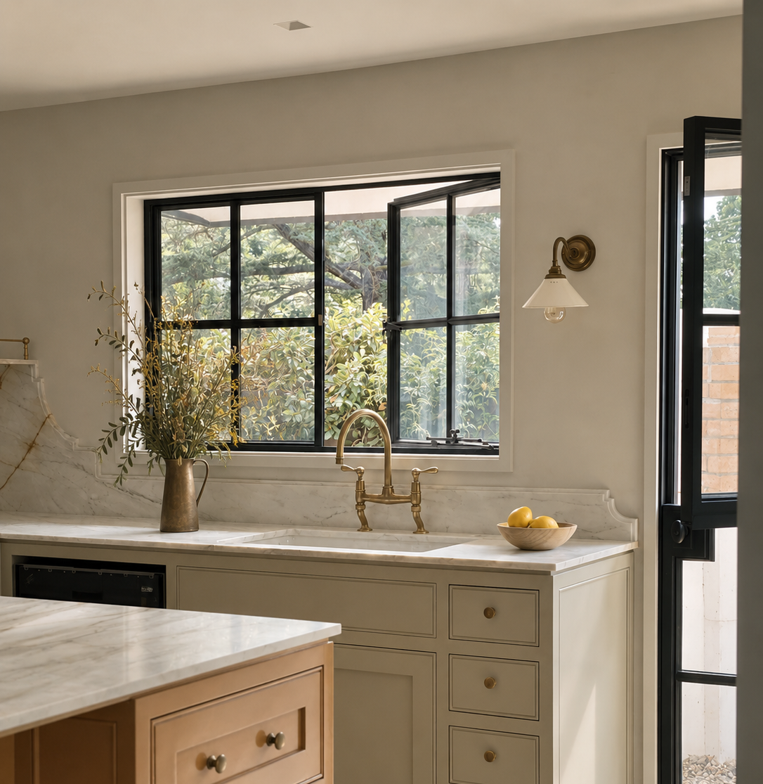 Maison in Hollywood kitchen renovation in Nichols Canyon, Los Angeles, with custom cabinetry, marble countertops and brass fixtures.
