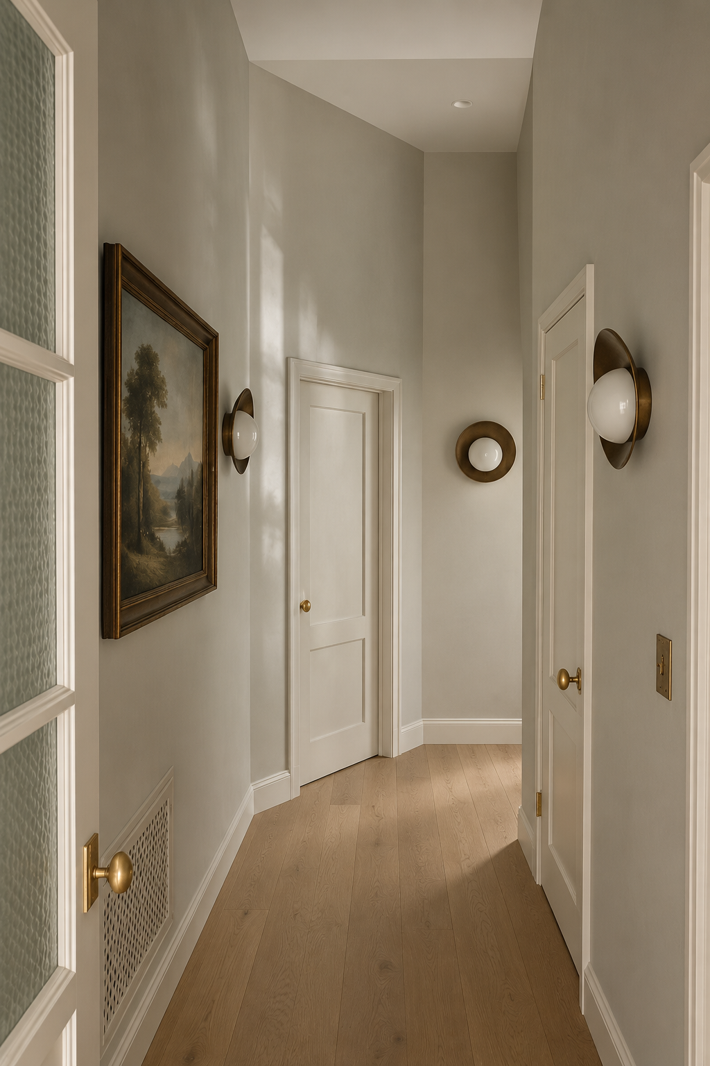 Maison in Hollywood hallway with oak flooring, brass wall sconces and warm neutral finishes.