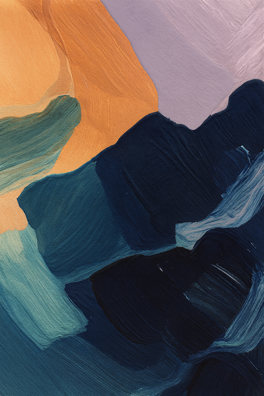 Abstract artwork with layered geometric forms in orange, blue, teal and black.