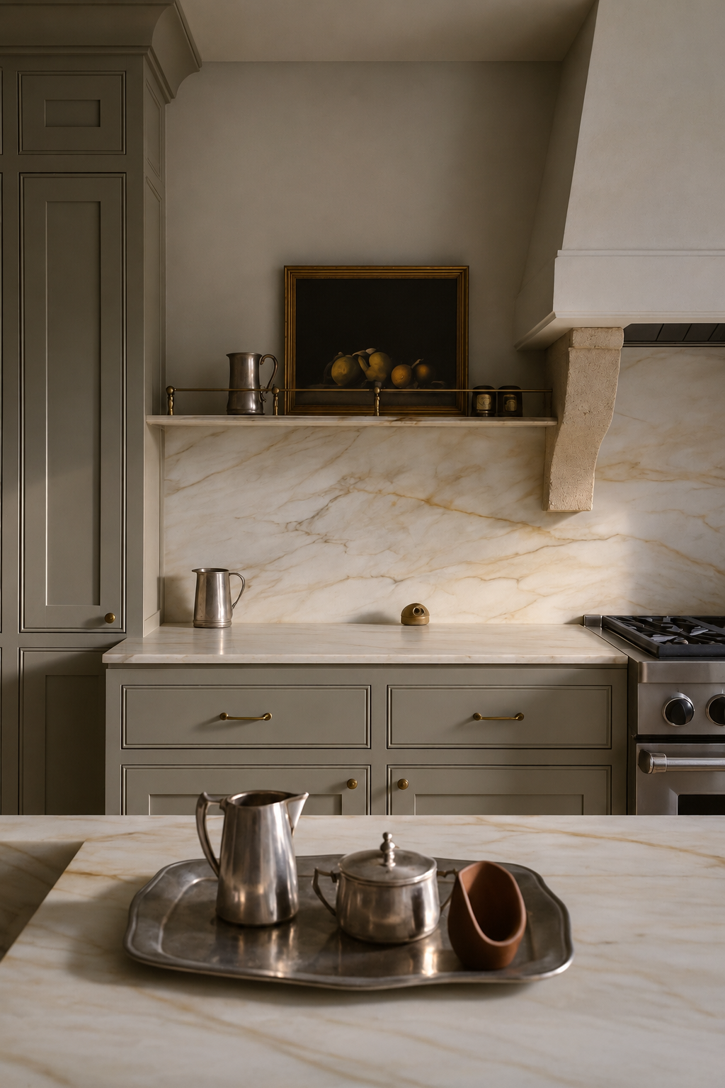 Custom kitchen at Maison in Hollywood featuring painted cabinetry, marble countertops and integrated open shelving.