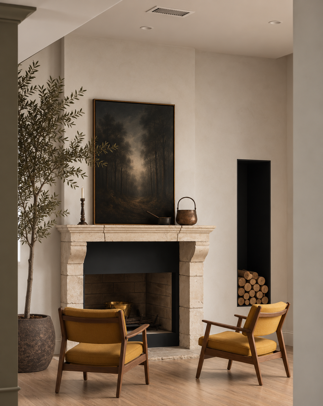 Maison in Hollywood living room renovation in Nichols Canyon, Los Angeles, with stone fireplace sourced from a french castle and integrated firewood niche.