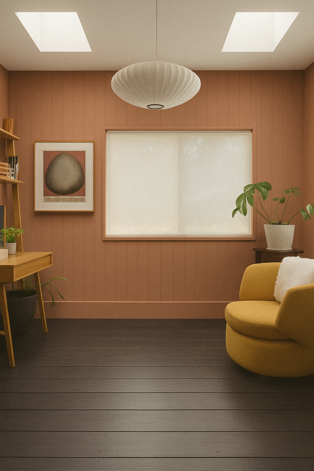 Residential interior Womb Room with painted wood paneling, built-in shelving, large window and pendant lighting in Baldwin Hills. 
