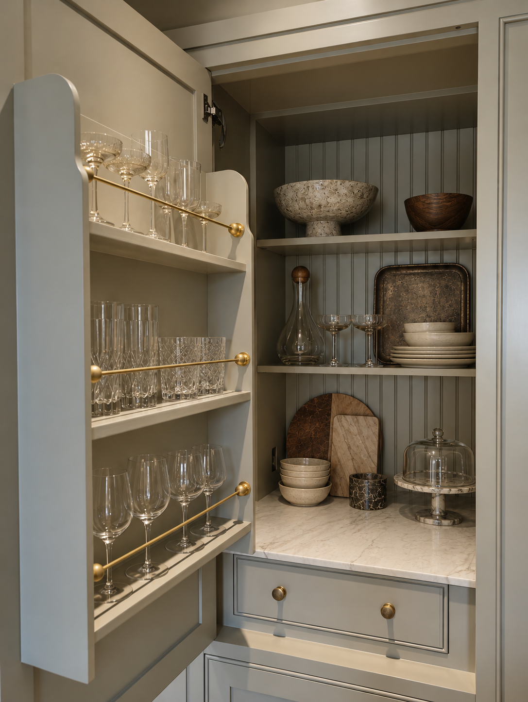 Custom kitchen cabinetry at Maison in Hollywood with open shelving for glassware and tableware.
