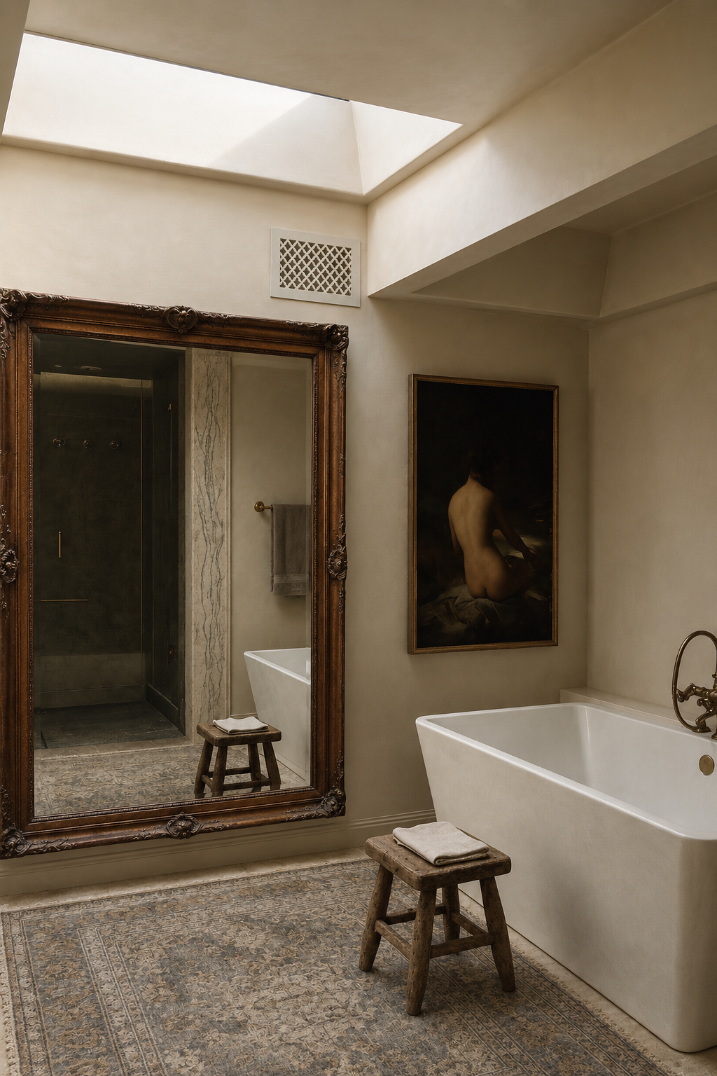 Maison in Hollywood primary bathroom renovation with freestanding bathtub, skylight, vintage mirror and warm natural finishes.