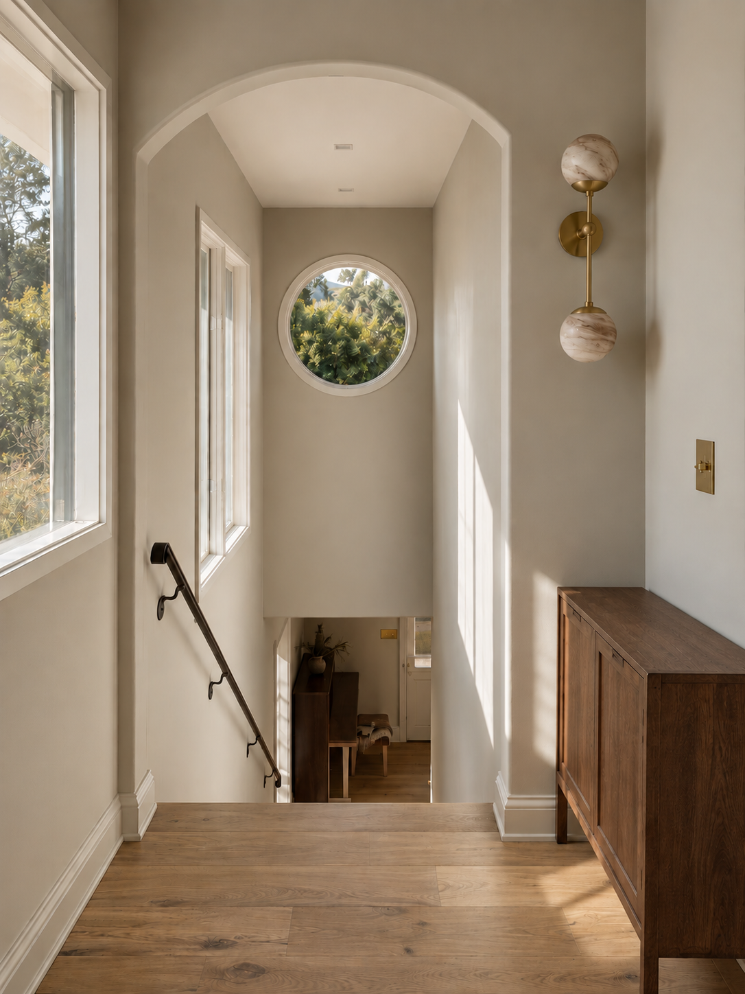 Stair landing at Maison in Hollywood with oak flooring, custom console, sculptural wall sconce and framed views of the Nichols Canyon landscape.