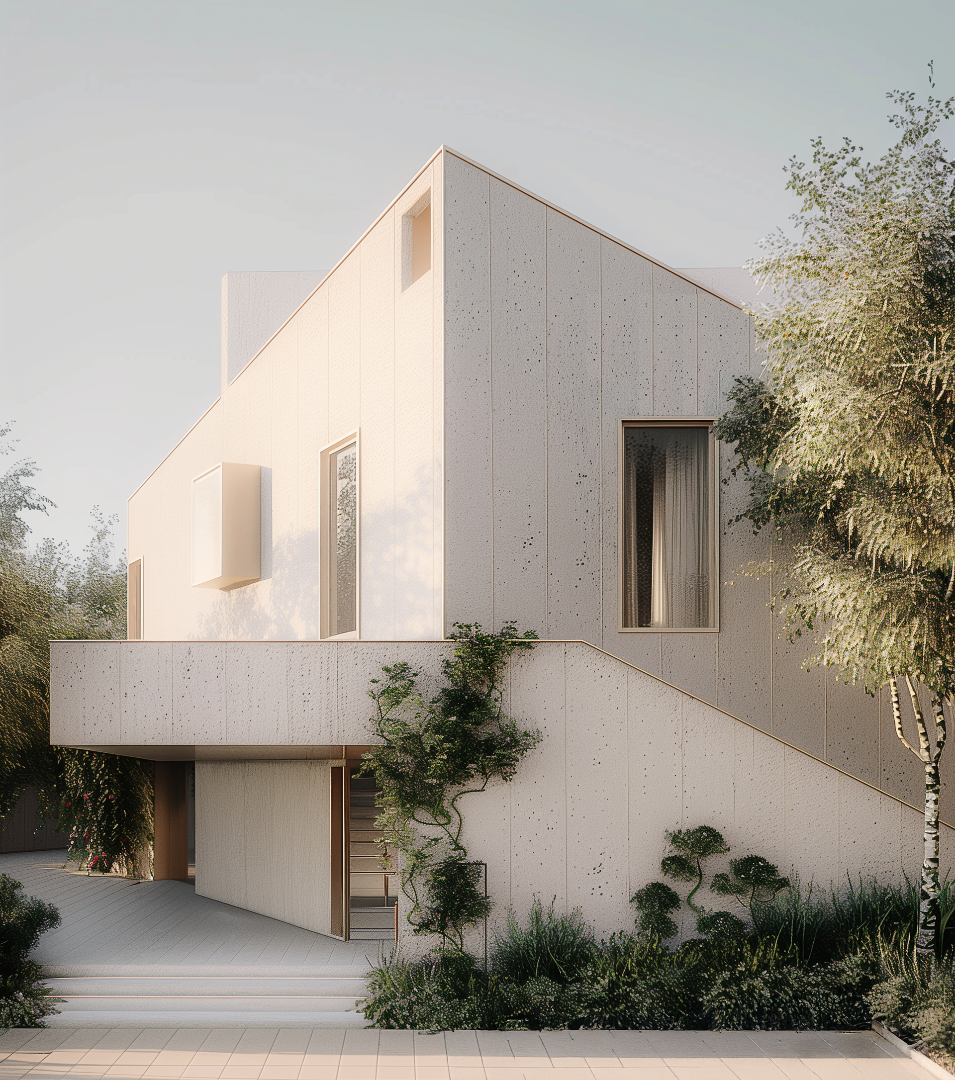 Contemporary residence with textured stucco exterior, deep window openings and integrated landscape