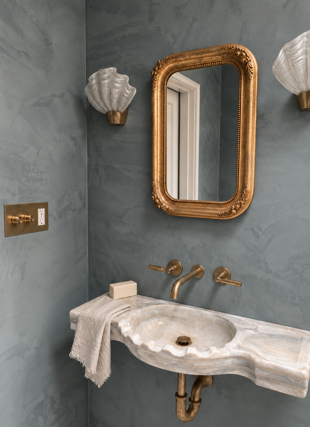 Powder room at Maison in Hollywood with authentic french marble sink, unlacquered brass fixtures, vintage mirror and textured wall finish.