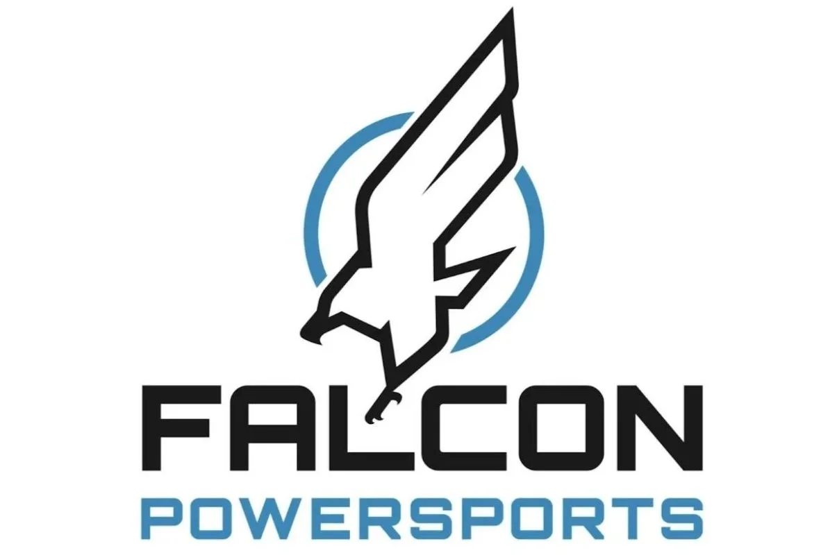 Black and blue logo with a falcon bird graphic