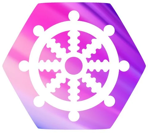 Symbol of Buddhism with a rainbow behind it