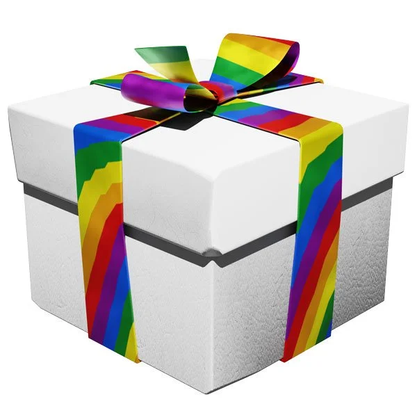 White gift box with a rainbow ribbon