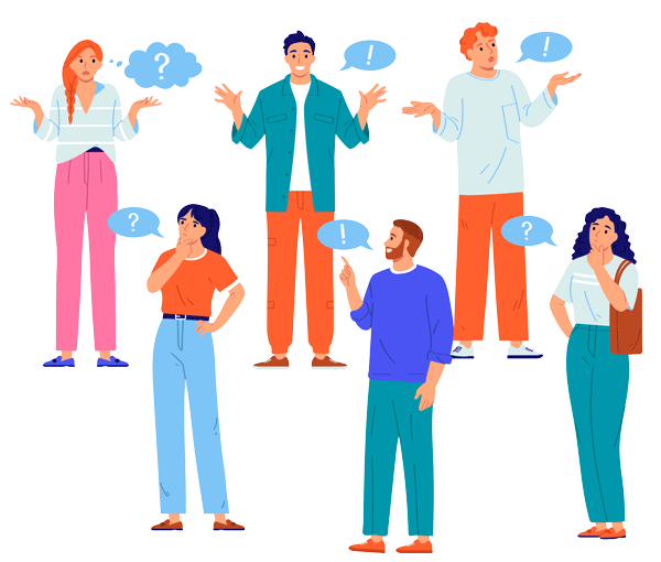 Cartoon people asking and answering questions