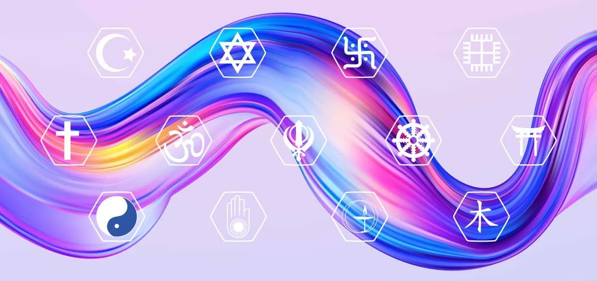 rainbow ribbon interspersed with the symbols of major religions