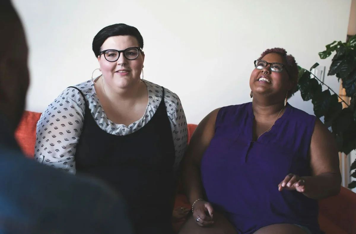 Lesbian couple laughing in therapy, paoli, PA