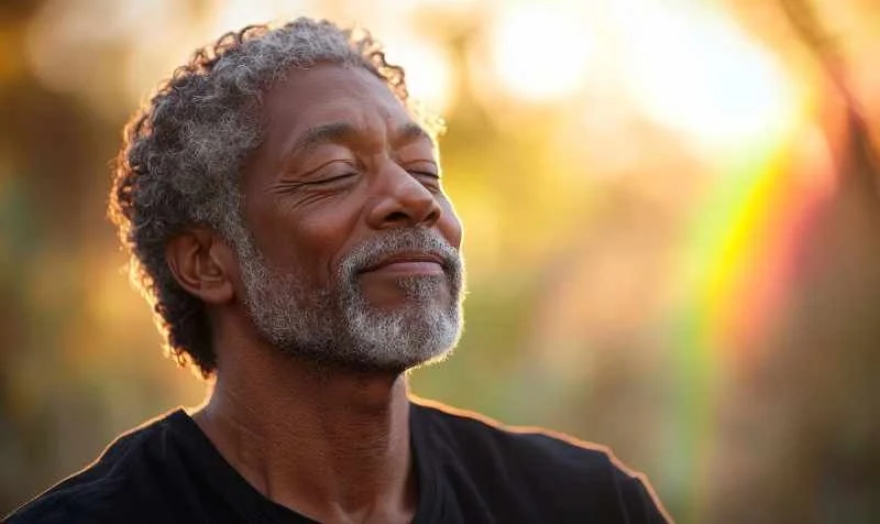 Older Man praying with a rainbow behind him