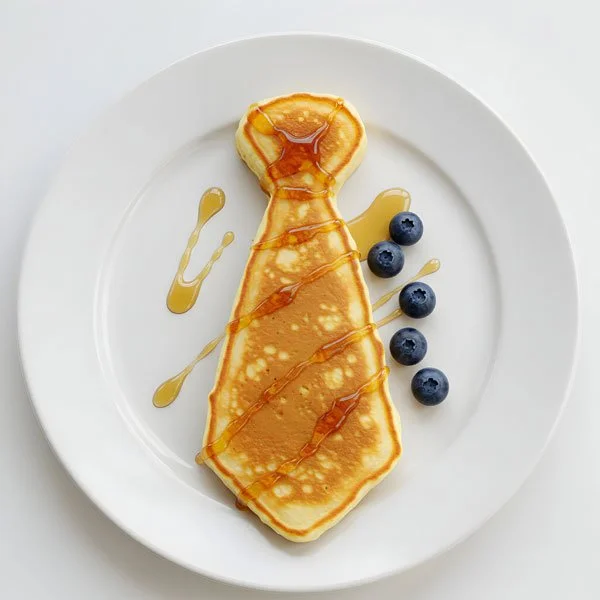 Pancake shaped like a tie with syrup and blueberries