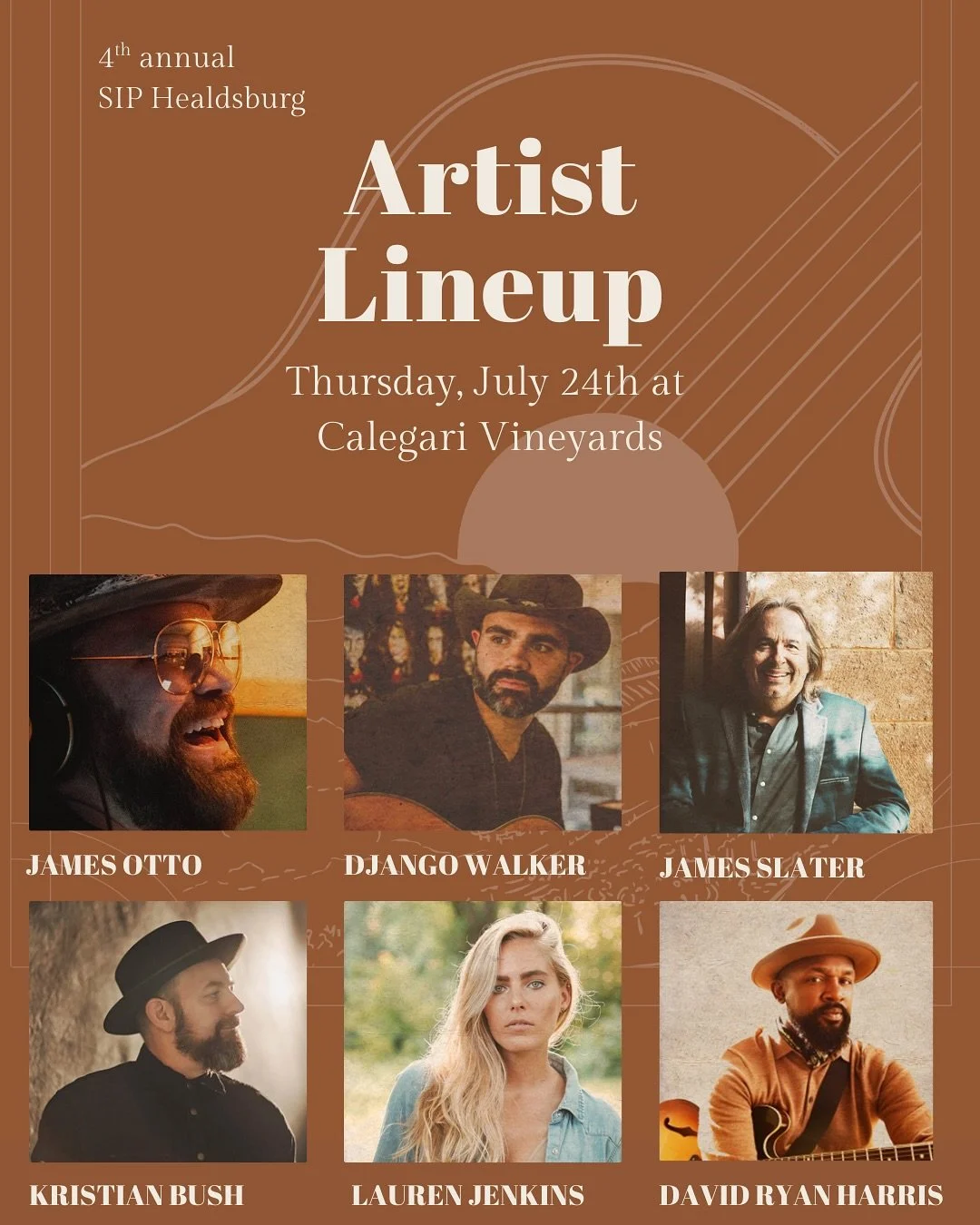 Night 2 is going to be magical at @calegarivineyards 

Artist line up : @jamesotto @djangowalker @jamestslatermusic @kristianbush @iamlaurenjenkins @drh3 

Featured wineries @arafanelliwinery @aristawinery @lando_wines @mauritsonwines @thompson31fift