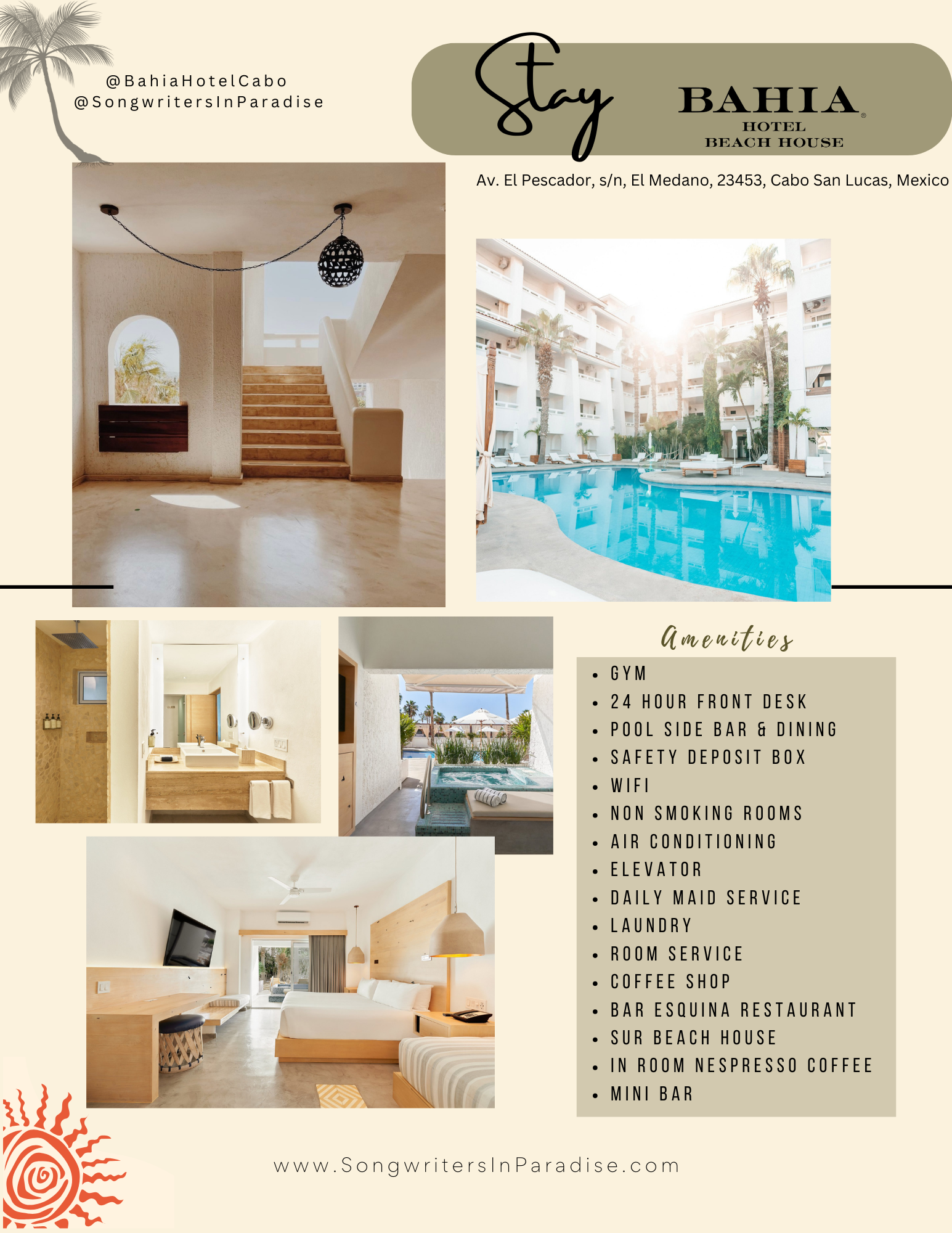 Promotional flyer for Bahia Hotel Beach House in Cabo San Lucas, Mexico, featuring images of the pool, rooms, and interior amenities, along with a list of hotel amenities including a gym, poolside bar, WiFi, non-smoking rooms, air conditioning, and dining options.