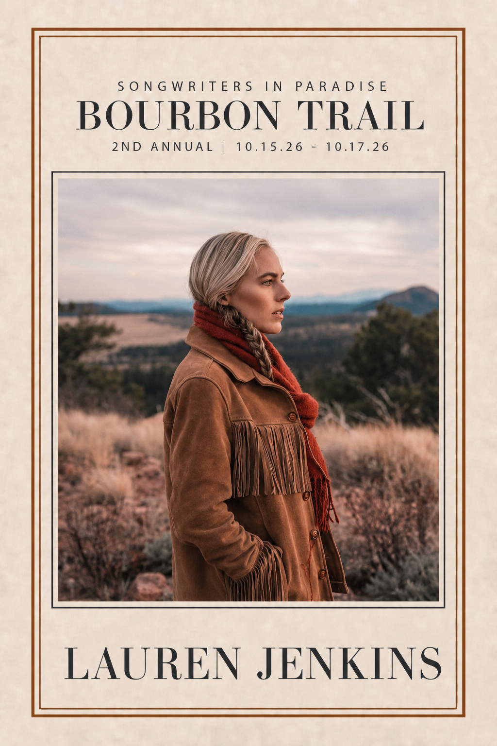 Poster for Songwriters in Paradise Bardstown music event featuring Lauren Jenkins, October 21-25, 2025, Kentucky, with a woman in a patterned top and rings, standing against a rocky background.
