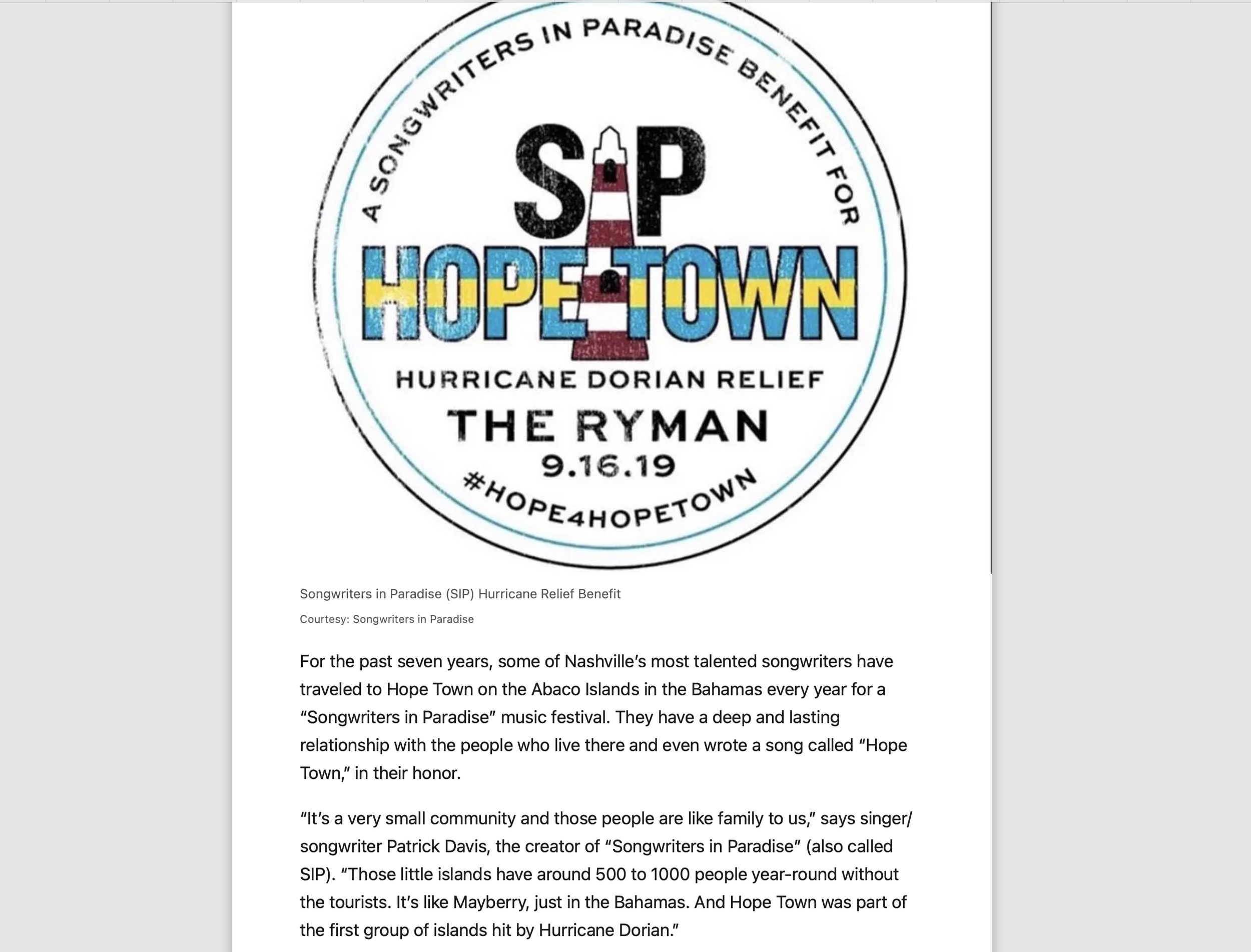 Circular logo with the text 'Songwriters in Paradise Benefit for Hurricane Dorian Relief.' Features a lighthouse, the words 'Hope Town,' and event details including date '9.16.19' and hashtag #Hope4HopeTown.