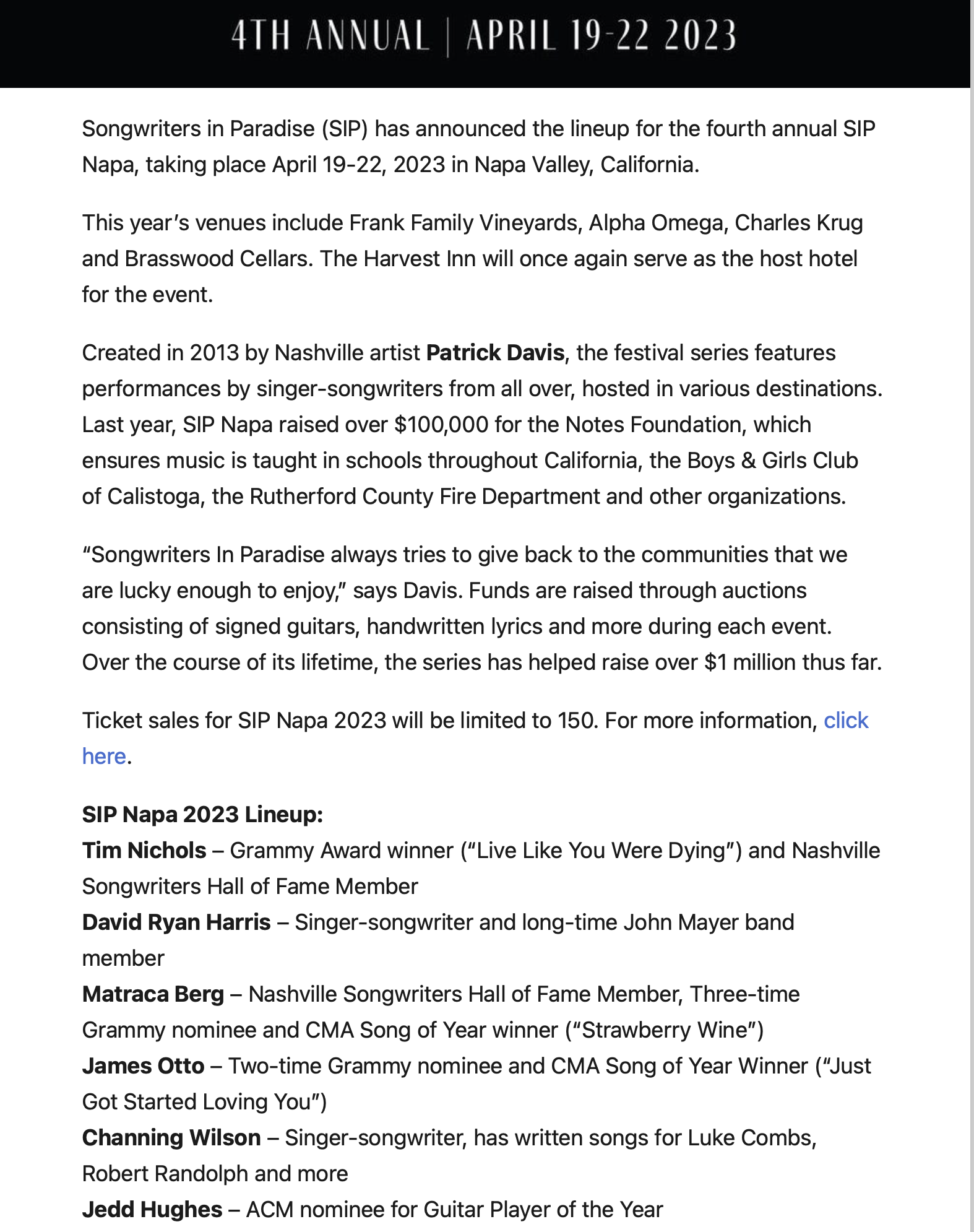 Text-based announcement about the 4th annual Songwriters in Paradise (SIP) event, scheduled for April 19-22, 2023, in Napa Valley, California. The event features performances by notable songwriters and raises funds for music education programs.