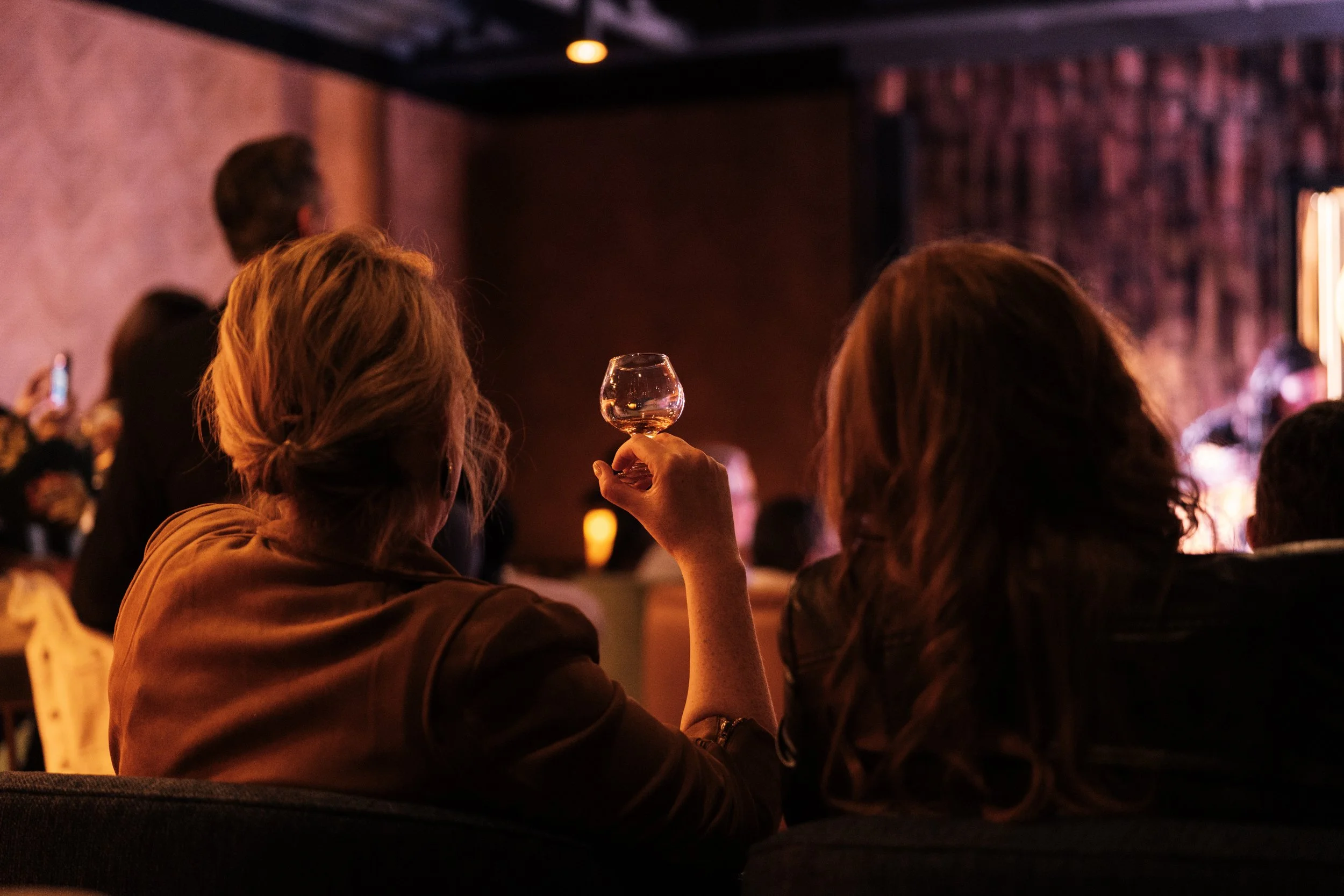 People sitting in a darkened room watching a performance, with one person holding a wine glass and a person in the background recording with a phone.