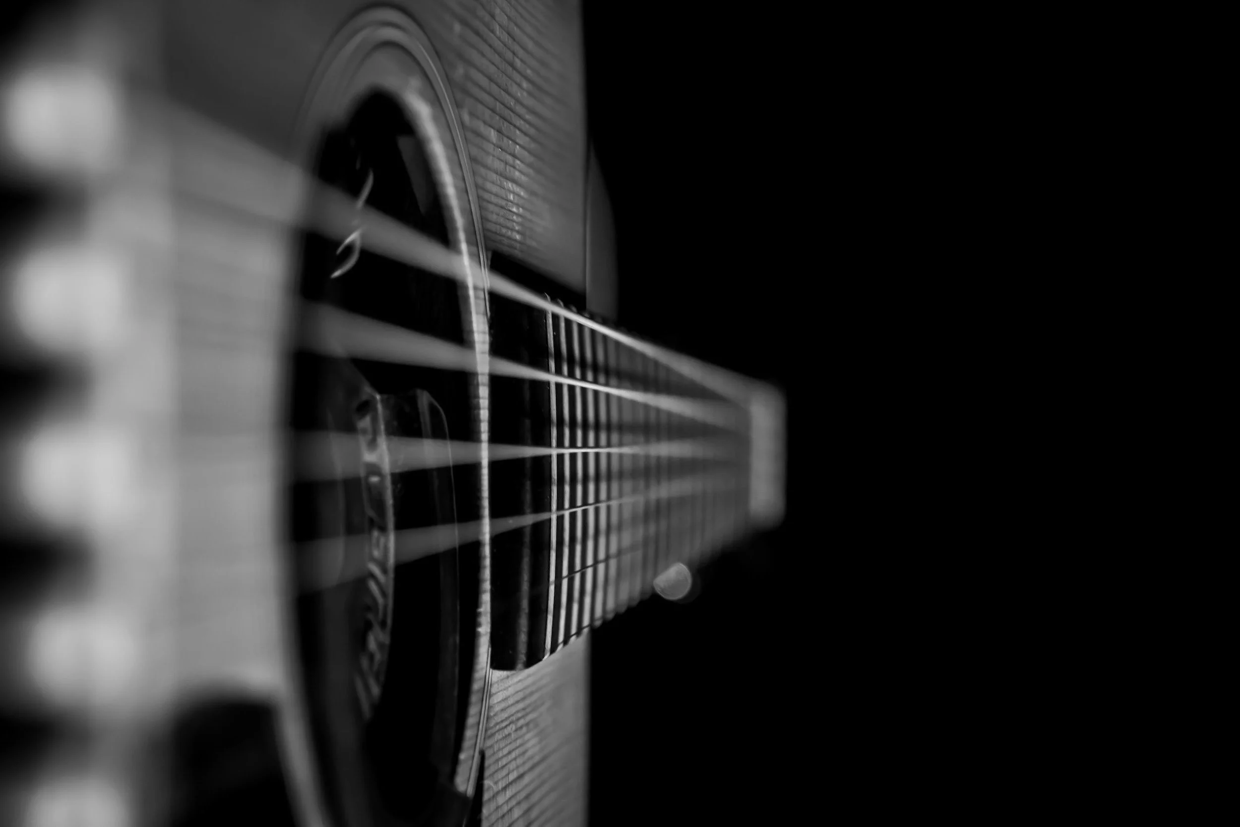Close-up of an acoustic guitar neck and strings, photographed at an angle in black and white.